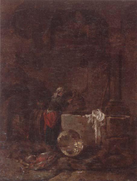 Willem Kalf A woman drawing water from a well under an arcade oil painting picture